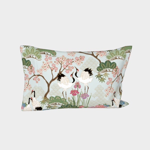 Pillow Cover LEFT Side, Standard/King, Cotton Sateen, Made in Canada, Japanese Garden Chantilly, Japanese style design with birds