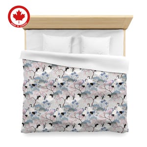 Duvet Cover Twin, Double, Queen, King - Cotton Sateen - Made in Canada - Japanese Garden Grey with Pink, Lilac Cherry Blossoms and Cranes