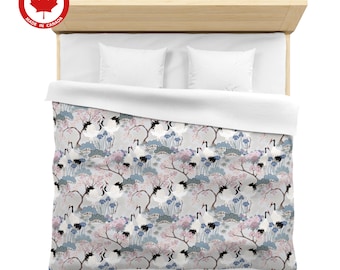 Duvet Cover Twin, Double, Queen, King - Cotton Sateen - Made in Canada - Japanese Garden Grey with Pink, Lilac Cherry Blossoms and Cranes