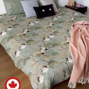 Duvet Cover Twin, Double, Queen and King - Cotton Sateen - Made in Canada - Japanese Garden Sage Green with Cherry Blossoms and Cranes