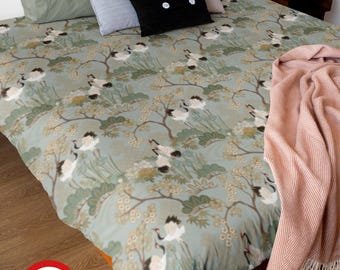 Duvet Cover Twin, Double, Queen and King - Cotton Sateen - Made in Canada - Japanese Garden Sage Green with Cherry Blossoms and Cranes