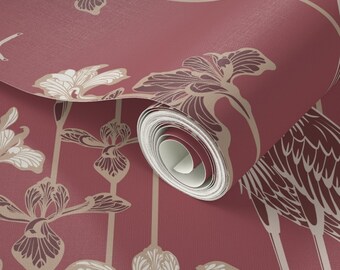 Wallpaper Peel and Stick, Easy to Apply Removable Wallpaper, DIY Wallpaper, Heron Marsala, Great Blue Heron with Irises, Made in USA