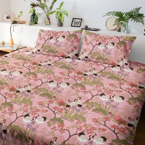 Duvet Cover Twin, Double, Queen, King - Cotton Sateen - Made in Canada - Japanese Garden in Pink with Pink and White Cherry Blossoms, Cranes