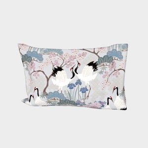 Pillow Cover RIGHT Side - Standard/King - Cotton Sateen - Made in Canada - Japanese Garden Grey/Pink/Lilac, Japanese style birds, flowers