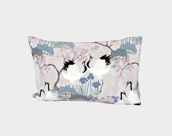 Pillow Cover RIGHT Side - Standard/King - Cotton Sateen - Made in Canada - Japanese Garden Grey/Pink/Lilac, Japanese style birds, flowers