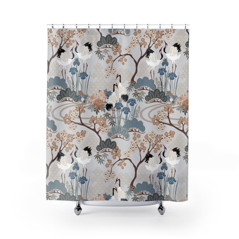 Shower Curtain Japanese Garden Light Grey Etsy
