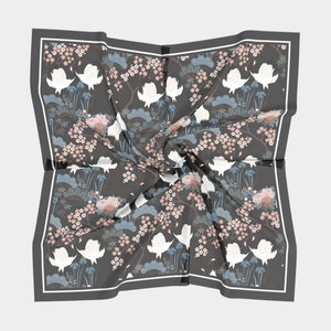 Square Scarf 100%  Silk Charmeuse or Silk Habotai - Japanese Garden Black with White Cranes Birds and Sakura, Cherry Flowers, 36 in or 50 in