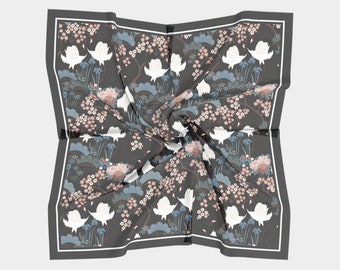 Square Scarf 100%  Silk Charmeuse or Silk Habotai - Japanese Garden Black with White Cranes Birds and Sakura, Cherry Flowers, 36 in or 50 in