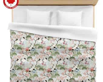 Duvet Cover Twin, Double, Queen, King - Cotton Sateen - Made in Canada - Japanese Garden in Chantilly Green with Pink Cherry Blossoms, Birds