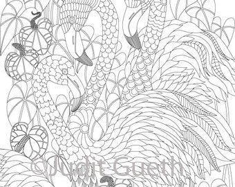 Coloring Page Flamingos with Flowers