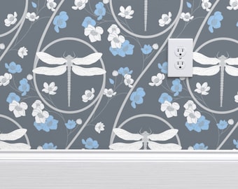 Wallpaper Peel and Stick, Easy to Apply Removable Wallpaper, DIY Wallpaper, Dragonfly Blue, Dragonflies and Blue/Grey Flowers, Made in USA