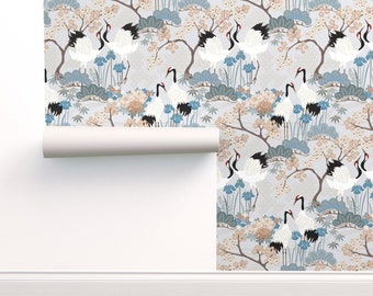 NEW!  Wallpaper Peel and Stick, 25 inches wide, DIY Removable Wallpaper, Japanese Garden Grey with Birds and Cherry Flowers, Made in Canada