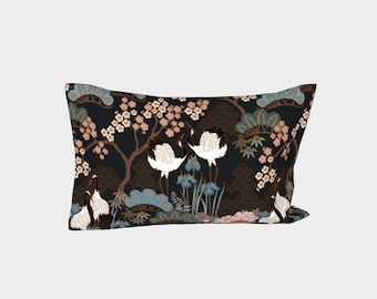 Pillow Cover LEFT Side, Standard/King, Cotton Sateen, Made in Canada, Japanese Garden Charcoal, Japanese style design with birds and flowers