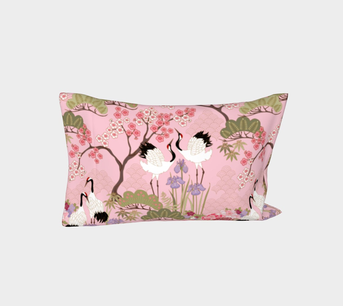 Funda de almohada para lado izquierdo, estándar/king, satén de algodón, fabricada en Canadá, diseño de estilo japonés con pájaros y flores, color rosa jardín japonés