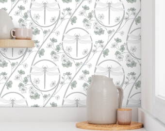 Wallpaper Peel and Stick, Easy to Apply Removable Wallpaper, DIY Wallpaper, Dragonfly Sage and White, Dragonflies and Flowers, Made in USA