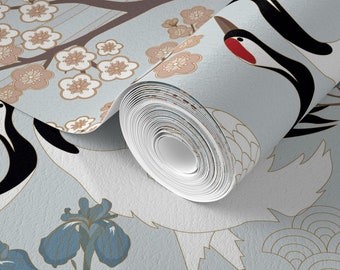 Wallpaper Non Pasted Traditional Wallpaper, Japanese Garden Blue Veil - REVISION5 - Sage Tones, Large Birds and Cherry Flowers, Made in USA
