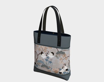 Tote Bag Lined or Unlined, Size 16x13x3, Printed Polyester Canvas, Made in Canada, Japanese Cranes, Birds with Sakura, Cherry Blossoms