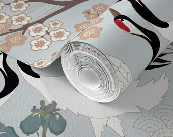 Wallpaper Non Pasted Traditional Wallpaper, Japanese Garden Blue Veil - REVISION4- with Large Birds and Cherry Flowers, Made in USA