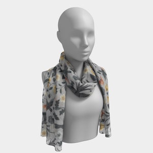Long Scarf Silk Charmeuse or Silk Habotai, Grey Silk Scarf with Birds and Yellow Orange Gold Flowers,  Soar Grey and Gold