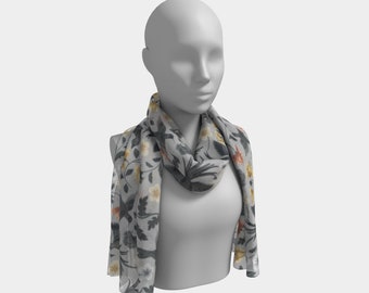 Long Scarf Silk Charmeuse or Silk Habotai, Grey Silk Scarf with Birds and Yellow Orange Gold Flowers,  Soar Grey and Gold