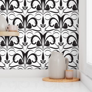Tapete abziehen und aufkleben, einfach anzubringen, abnehmbare Tapete, DIY Tapete, Lilien Fleur de Lis in Schwarz und Weiß, Made in USA