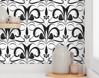 Wallpaper Peel and Stick, Easy to Apply Removable Wallpaper, DIY Wallpaper, Lilies Fleur de Lis in Black and White, Made in USA