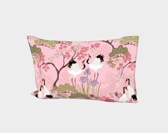 Pillow Cover RIGHT Side, Standard / King, Cotton Sateen, Made in Canada, Japanese Garden Pink, Japanese style design with birds and flowers