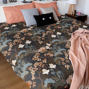 Duvet Cover Twin, Double, Queen, King - Cotton Sateen - Made in Canada - Japanese Garden in Charcoal with Orange Cherry Blossoms, Cranes