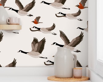 Wallpaper Peel and Stick , Easy to Apply Removable Wallpaper, DIY Wallpaper, Canada Geese, Robins, Migratory Birds, Made in USA