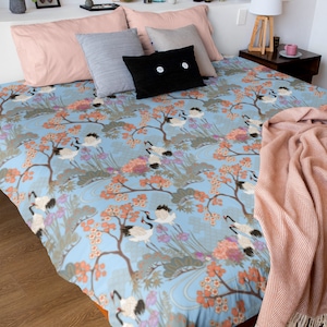 Duvet Cover Twin, Double, Queen, King - Cotton Sateen - Made in Canada - Japanese Garden in Blue with Orange Cherry Blossoms and Cranes