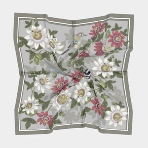 Square Scarf 100%  Silk Charmeuse or Silk Habotai - Square Scarf Grey Green with White and Burgundy Passion Flowers and Birds, 36 or 50 in
