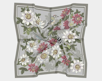 Square Scarf 100%  Silk Charmeuse or Silk Habotai - Square Scarf Grey Green with White and Burgundy Passion Flowers and Birds, 36 or 50 in