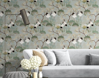 Wallpaper Peel and Stick, Easy to Apply Removable Wallpaper, DIY Wallpaper, Japanese Garden Sage with Birds and Cherry Flowers, Made in USA