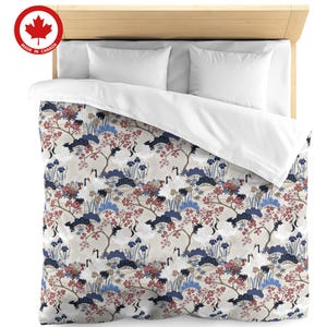 Duvet Cover Twin, Double, Queen, King - Cotton Sateen - Made in Canada - Japanese Garden Linen with  Cherry Blossoms and Cranes