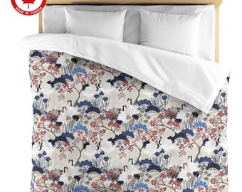 Duvet Cover Twin, Double, Queen, King - Cotton Sateen - Made in Canada - Japanese Garden Linen with  Cherry Blossoms and Cranes