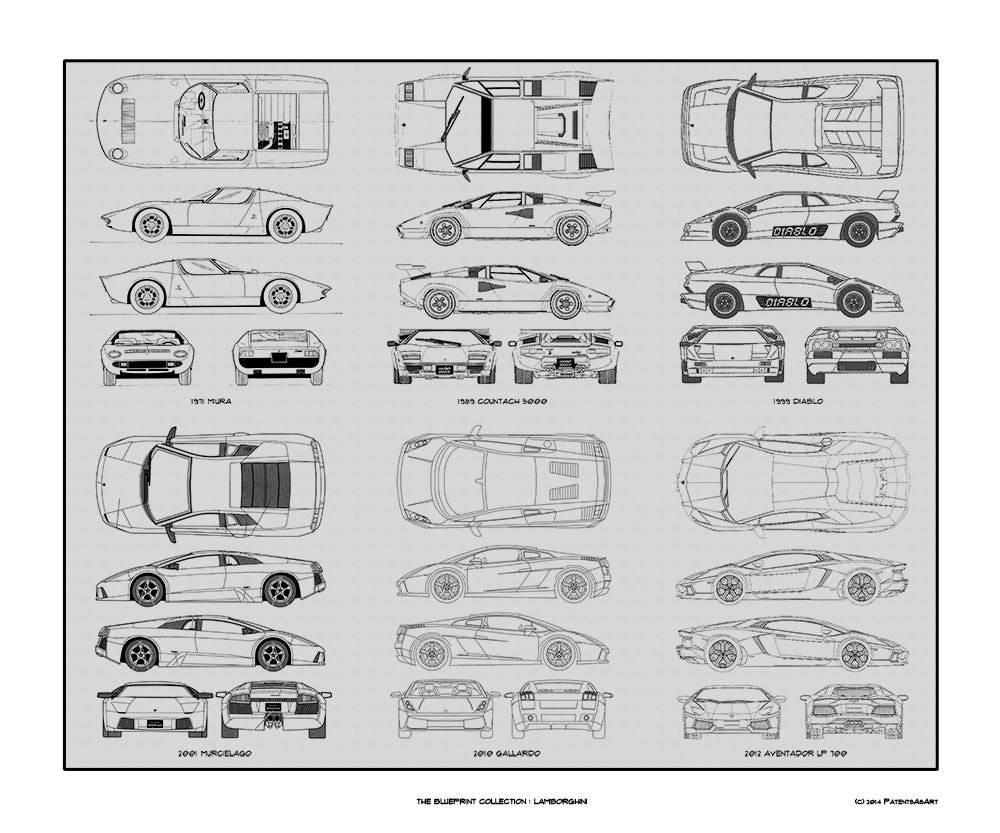 Lamborghini Blueprint Collection Drawing Art Car Auto Gift | Etsy