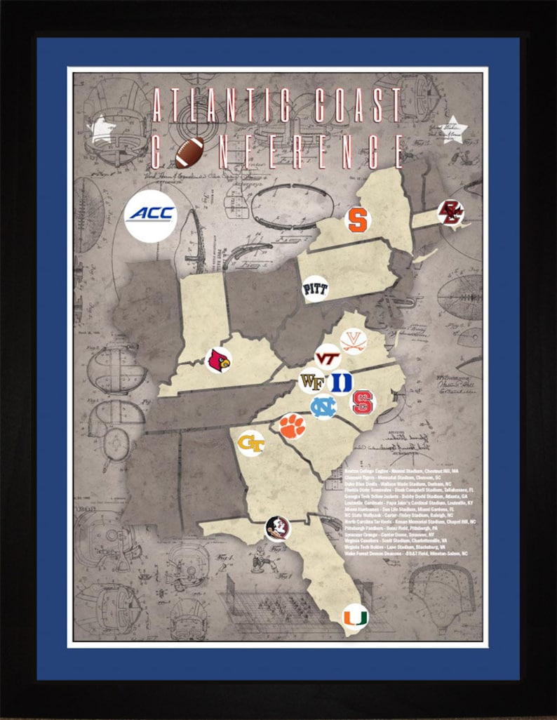 ACC College Football Stadiums Teams Location Tracking Map Etsy