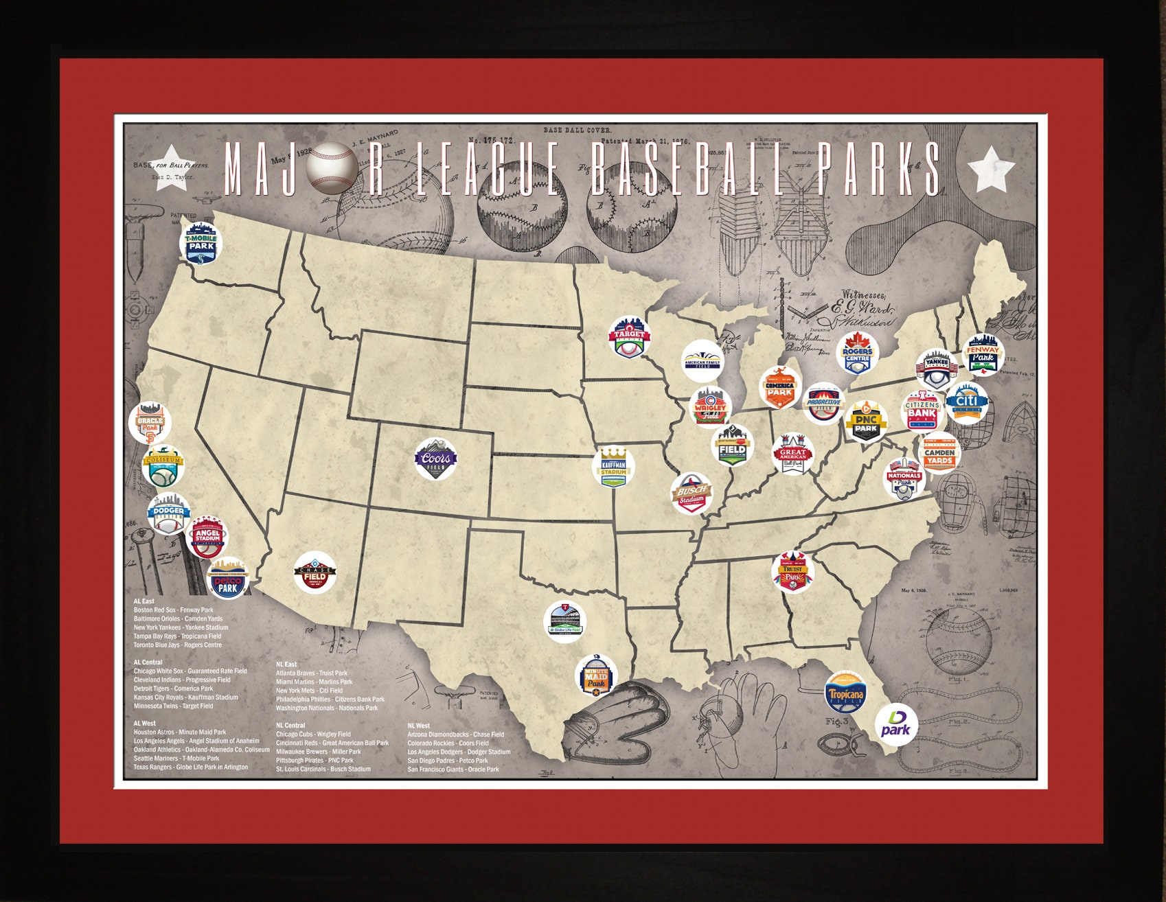 Map Of Major League Baseball Parks Mlb Major League Baseball Parks Stadiums Pro Teams Location | Etsy Uk