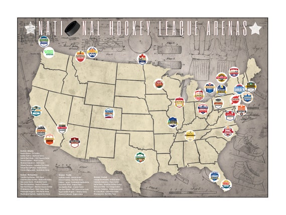 Nhl Hockey Teams Map Nhl National Hockey League Arenas Pro Teams Location Map | Etsy Hong Kong