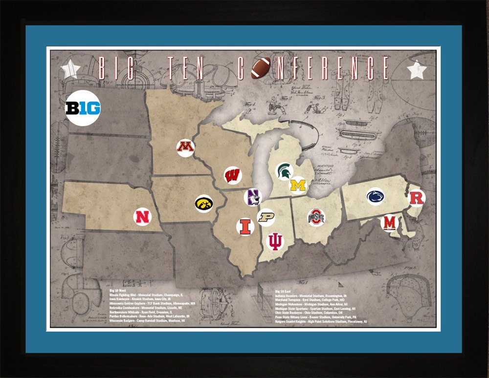 Big 10 Conference Map Big10 College Football Stadiums Teams Location Tracking Map | Etsy