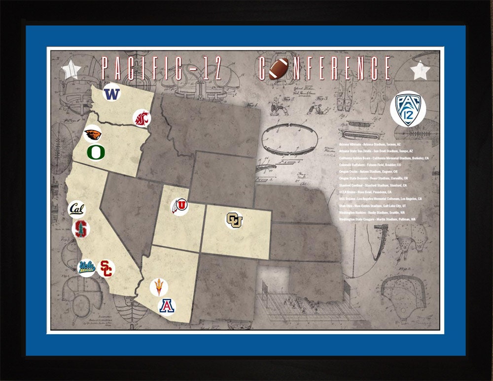 Pac 12 Conference Map Pac12 Conference College Football Stadiums Teams Location | Etsy New Zealand