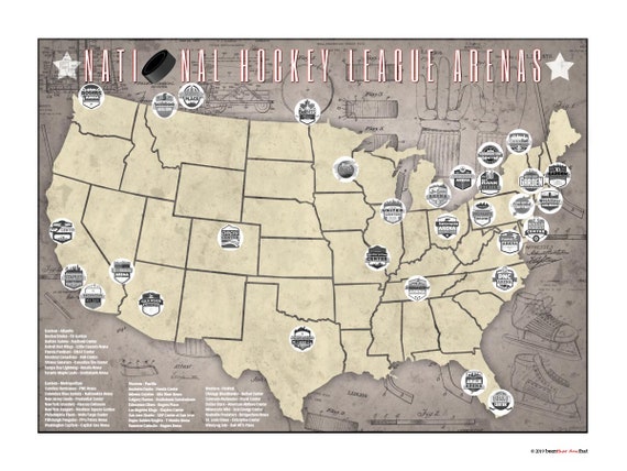 Map Of Nhl Teams Nhl National Hockey League Arenas Pro Teams Tracking Map | Etsy