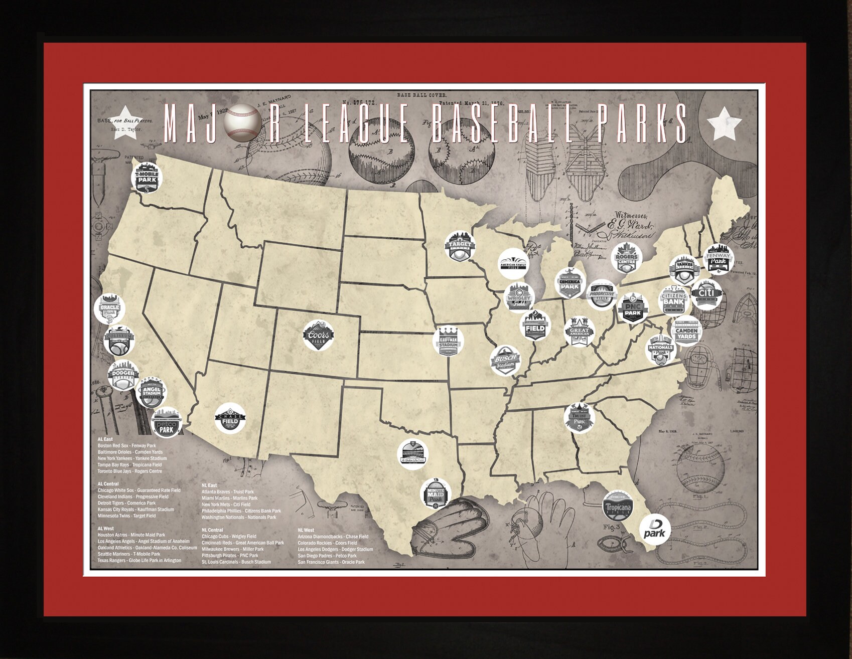 Map Of All Mlb Teams Mlb Major League Baseball Parks Stadiums Pro Teams Tracking | Etsy Uk