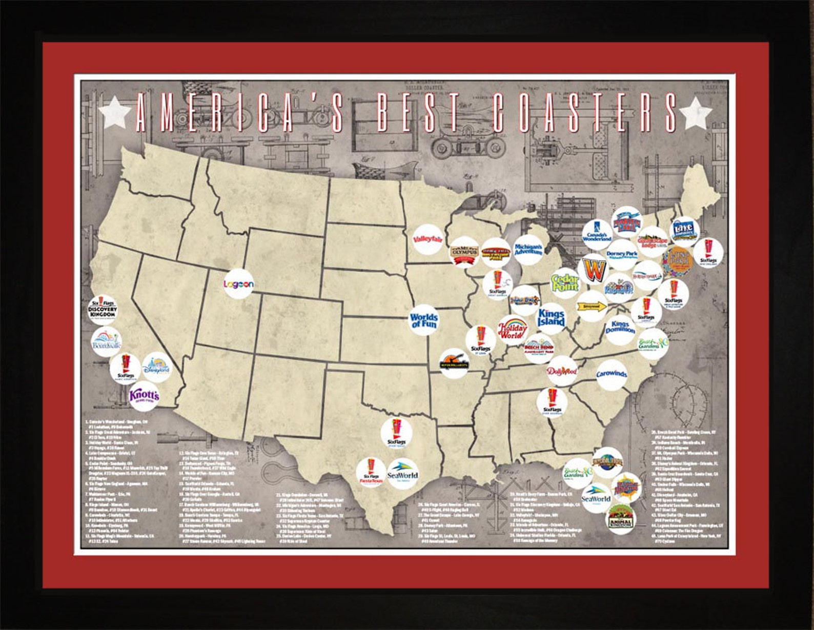 americas-top-roller-coasters-theme-park-location-map-print-etsy