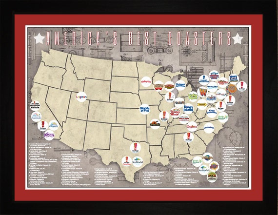 Americas Top Roller Coasters Theme Park Location Map Print - Etsy