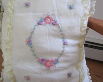 Vintage Yellow Sheer Boudoir Pillow Case Hand Embroidered FLORAL LACE TRIM