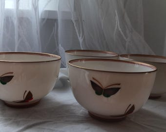 Vtg Japanese porcelain Butterfly pattern ivory gold rim 4 bowls small MCM