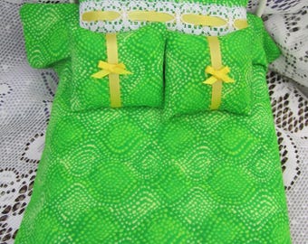 Doll house 1:12 Miniature Coverlet blanket Bed Spread 4 pcs Bright green PRINT