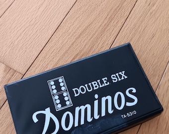Double Six Dominoes Set BLACK EMBOSSED Tiles Vinyl Case Vintage INSTRUCTIONS
