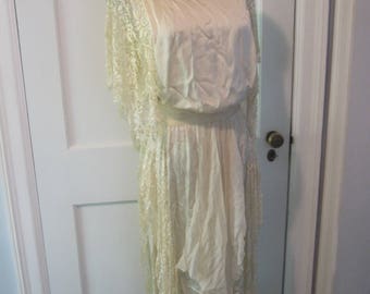 VTG 20s Off White Ivory Silk Lace Chiffon Panels GATSBY FLAPPER Dress Wedding S